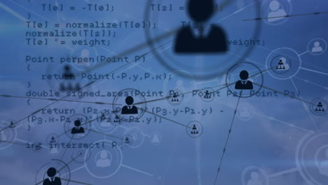 animation of network of people icons over coding on blue sky