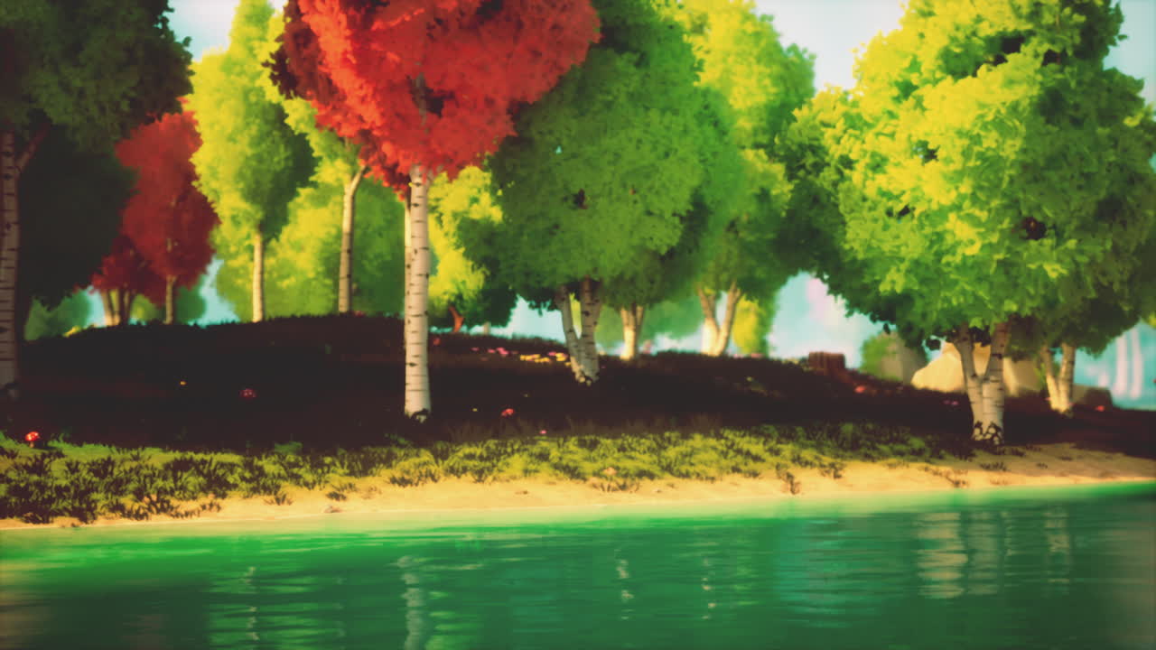 bosque de fantasía colorido junto a un río