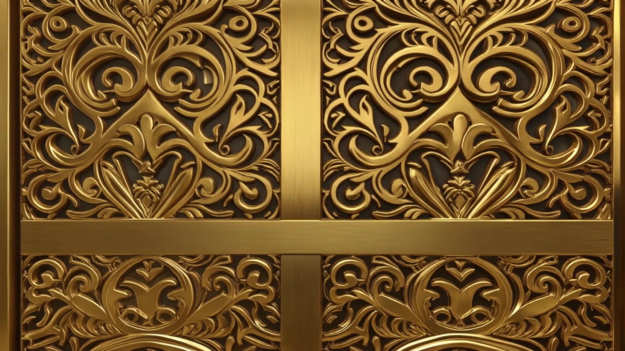 Pannello metallico ornamentale dorato e intricato con motivi floreali in filigrana
