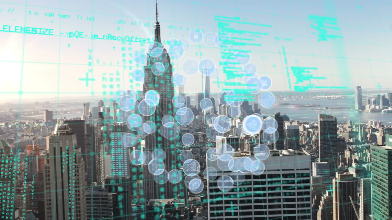 Animation of data processing and media icons over cityscape