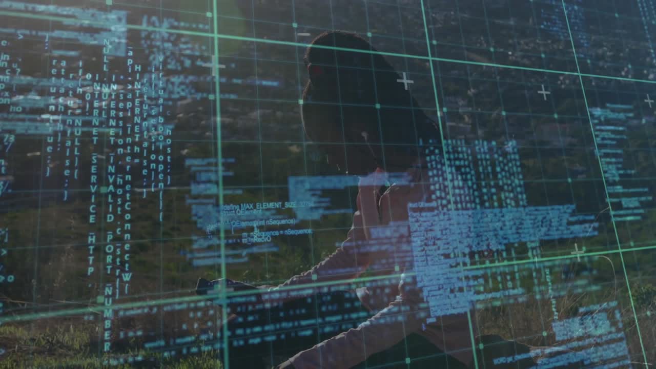Floating code overlay resolving woman typing on laptop and analyzing technology data on hillside