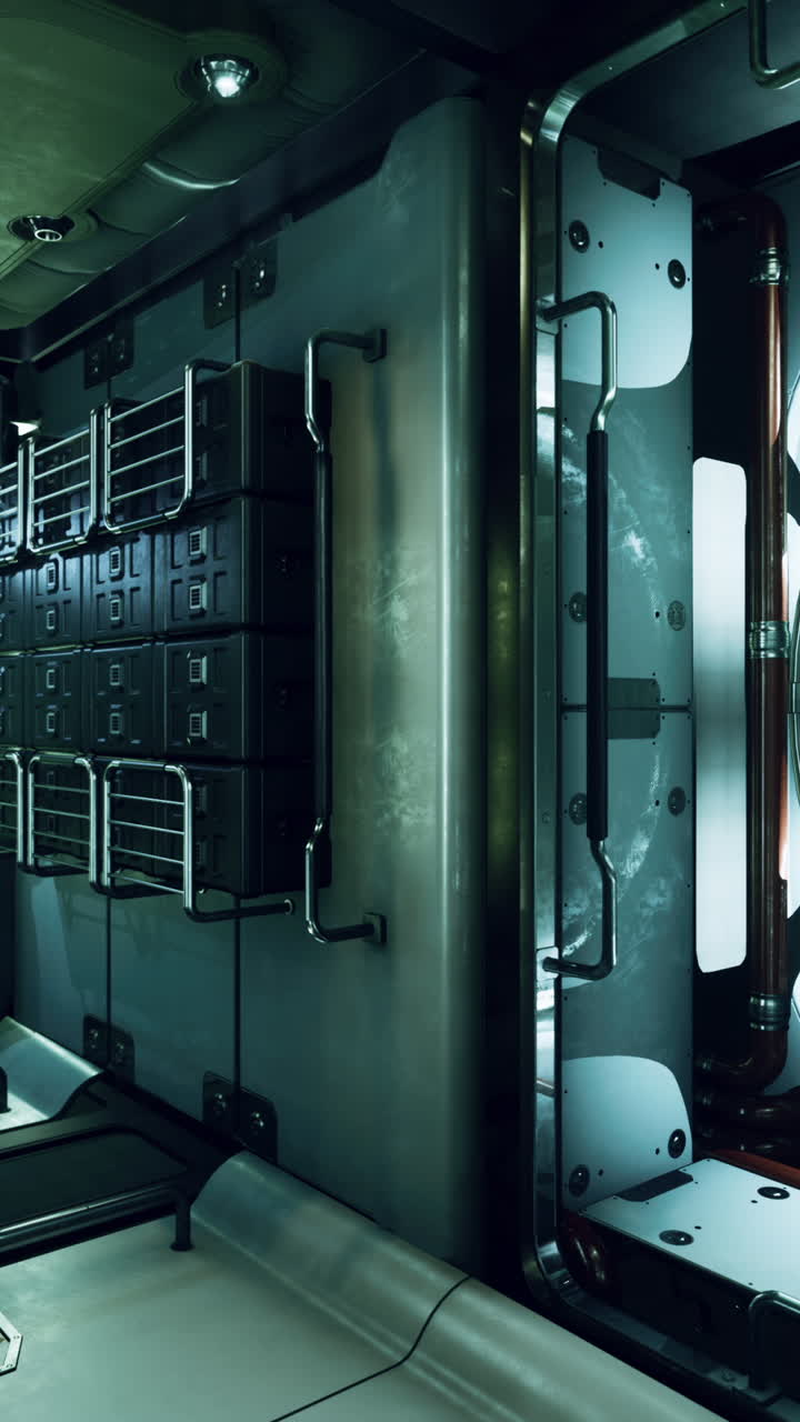 un interior futurista de una nave espacial con paredes de metal, iluminación y paneles