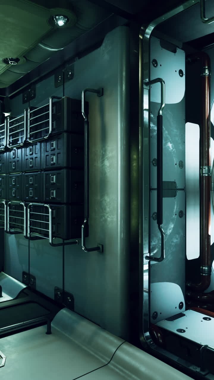 A futuristic spaceship interior with metal walls, lighting, and panels