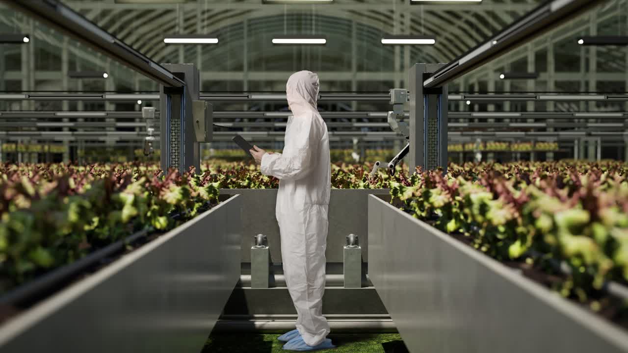 полный вид тела азиатского исследователя, использующего планшет, стоя в теплице с умными роботами-фермерами