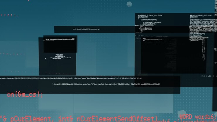 Digital animation of multiple screens with data processing against blue background