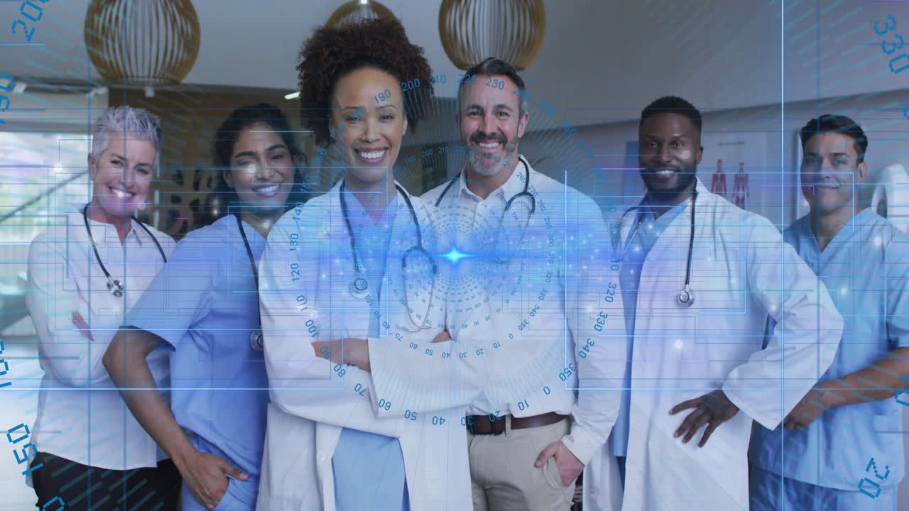 Medical team under pendant lights as digital scan appearing sweeping bodies, conducting health scan