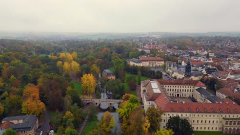 marvelous aerial top view flight weimar historic bridge over ilm river thuringia germany fall 23