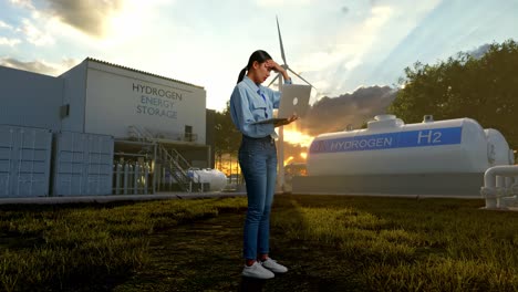 mujer trabajando en una computadora portátil en una instalación de almacenamiento de energía de hidrógeno