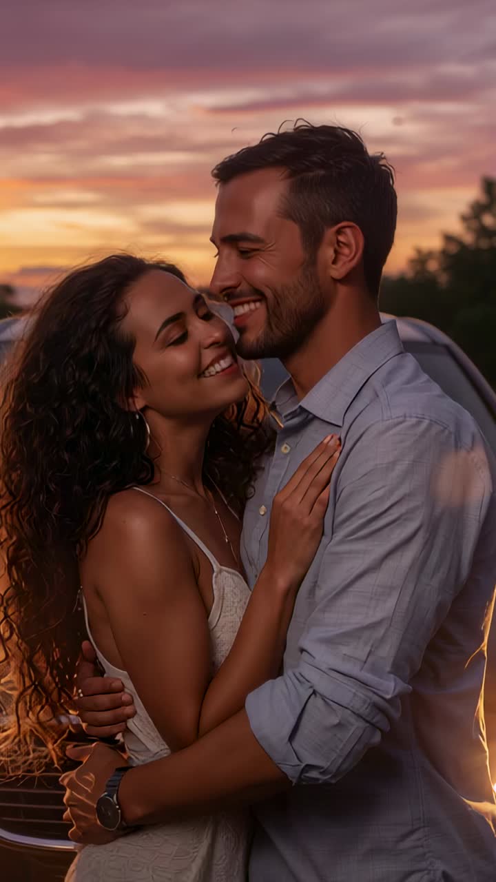Vídeo vertical: pareja abrazándose después de que la mujer se incline hacia el hombre al atardecer junto a un coche, mostrando el vestido y el reloj
