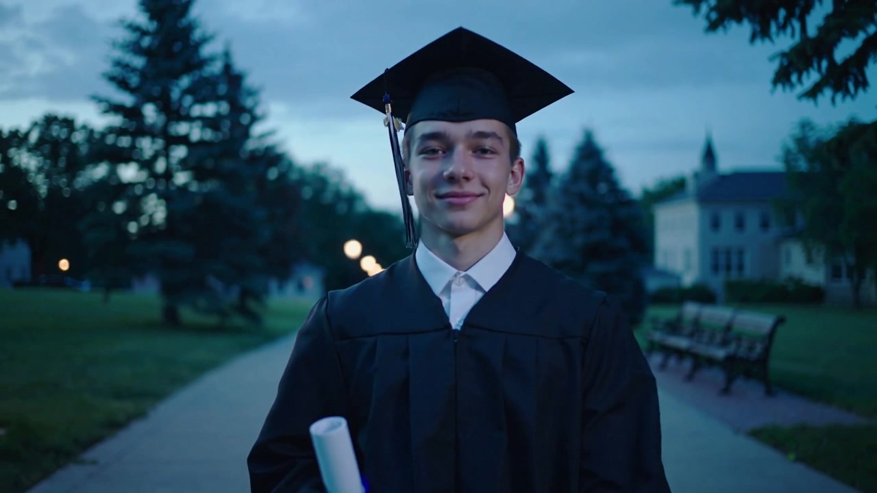 Adolescente maschio che cammina, indossando una toga e un tocco neri, con un diploma in mano su un sentiero del campus, telecamera che zooma.