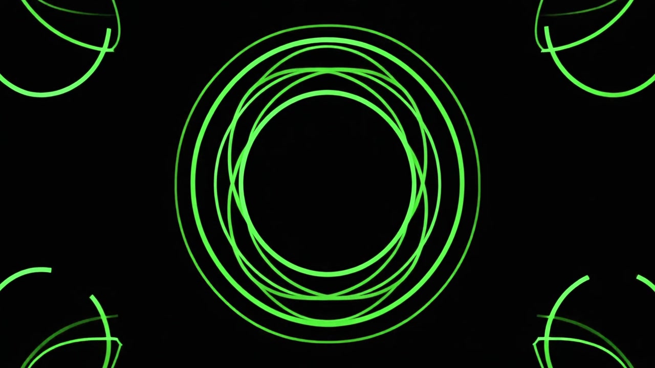 Abstract Green Neon Circles Rotating on Black Background