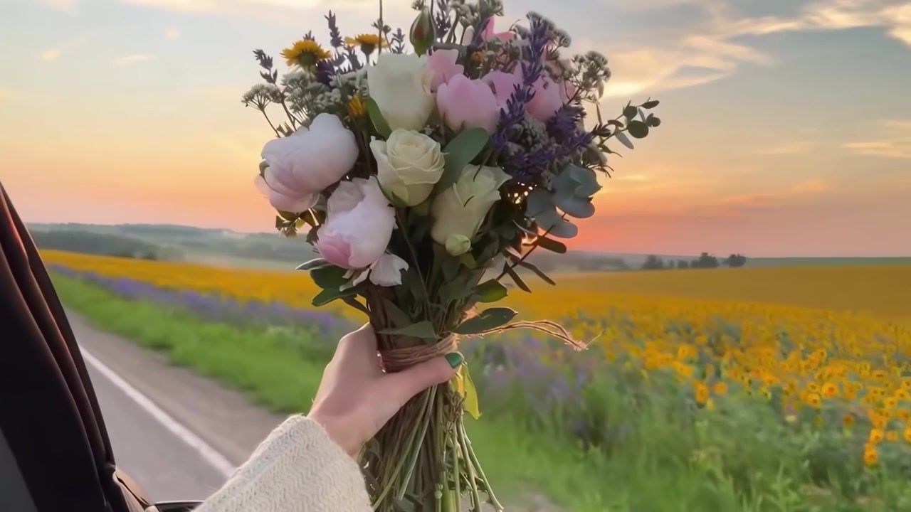 Mano che tiene un bouquet sullo sfondo di un tramonto vibrante e campi fioriti.