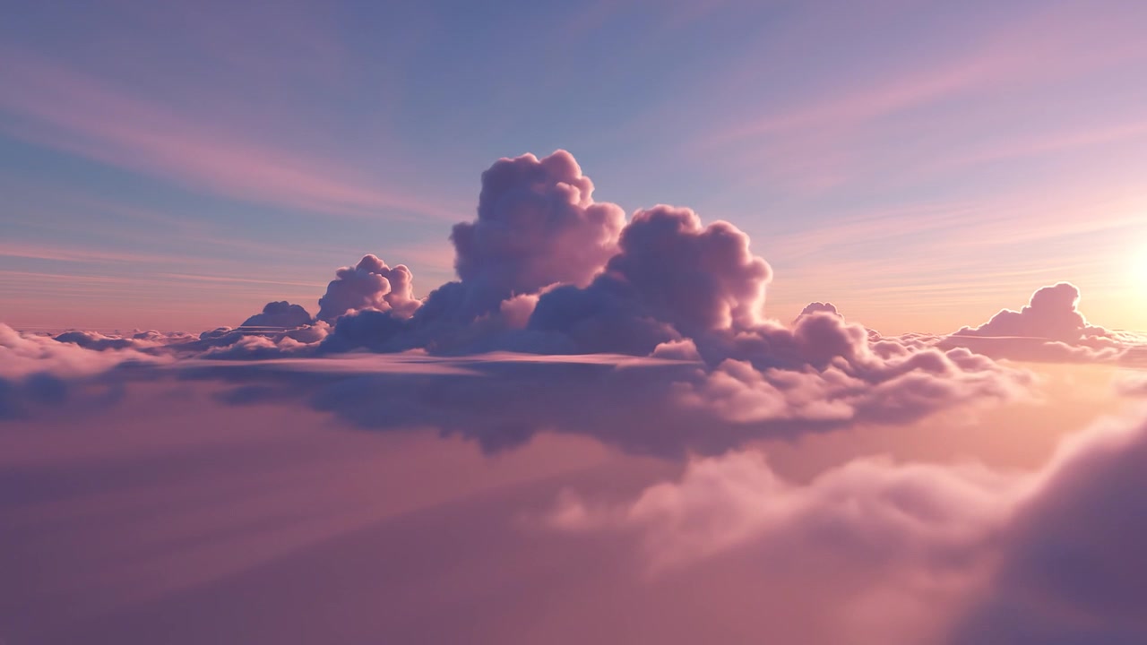 Vista aerea di nuvole rosa e viola sognanti al tramonto.