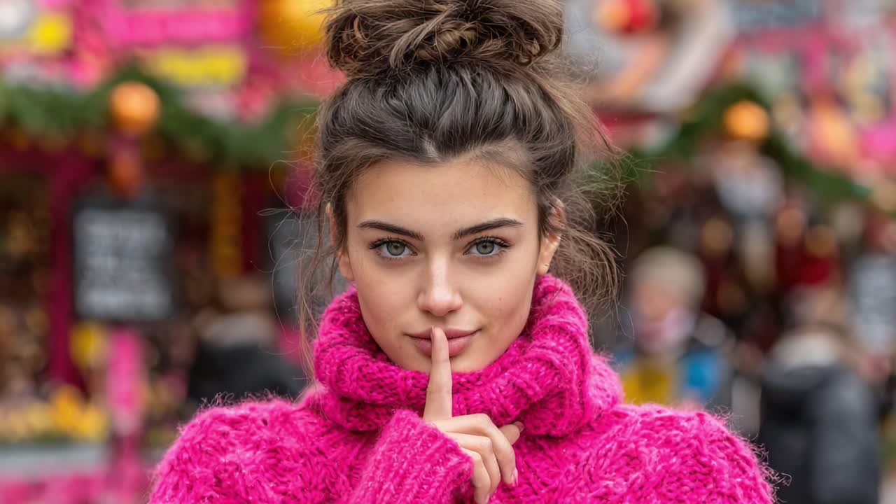 A Captivating Gaze and a Gentle Gesture: A Young Woman Posing in a Vibrant, Colorful Setting That Promises Secrets and Intrigue, Wrapped in Cozy Pink Attire