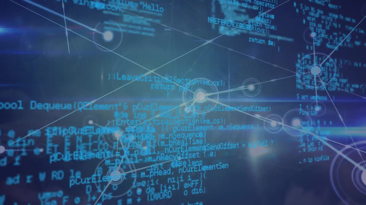 Animation of networks of connections and data processing over black background