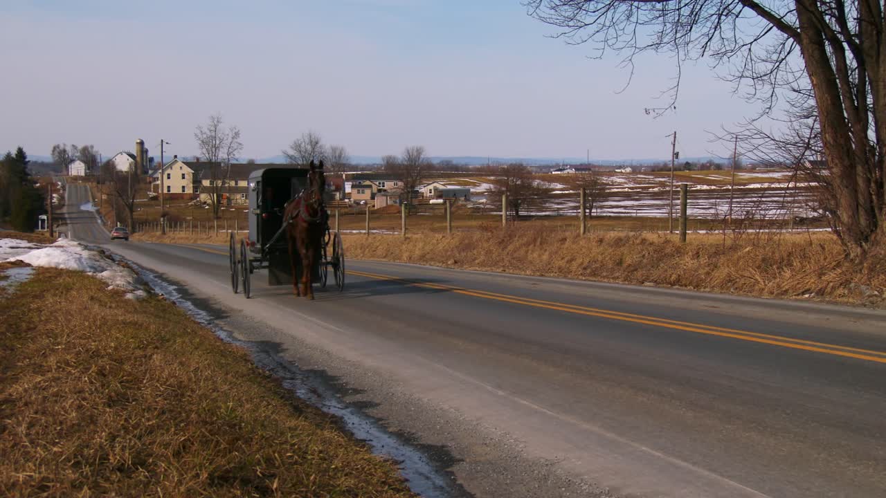 시골 펜실베니아 1의 도로를 따라 아미쉬 마차 여행
