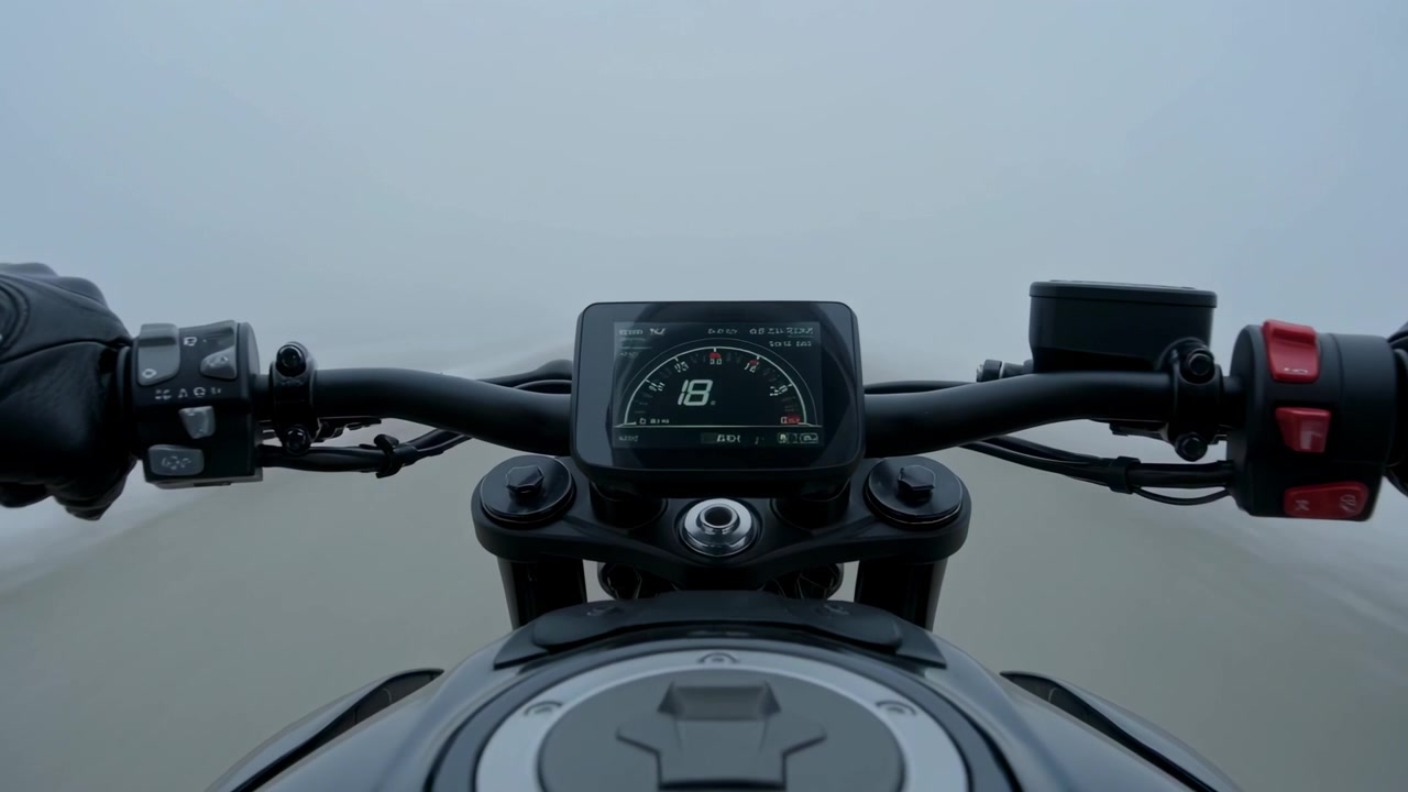 Motociclista monitorando painel com leitura de velocidade 18, viajando através da névoa, com luvas pretas nos guidões.