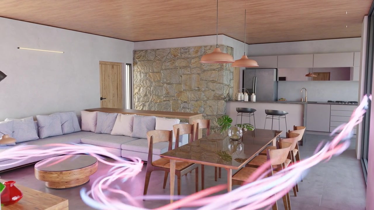 Sala de estar de apartamento moderno con animación de flujo de energía brillante.