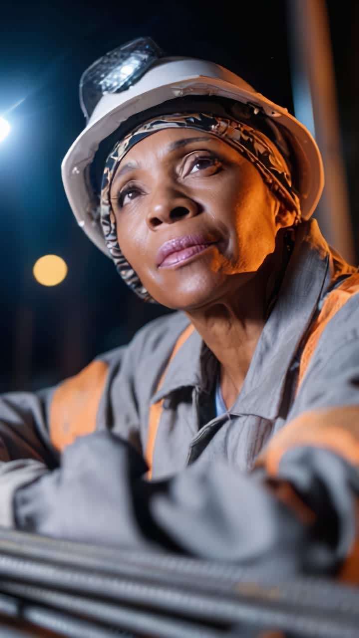 A Dedicated Construction Worker in Safety Gear Contemplates Future Challenges While Working at Night Under the Light of a Lantern, Highlighting Resilience and Commitment