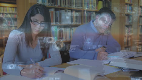 round scanners and data processing over caucasian female student studying in library at college