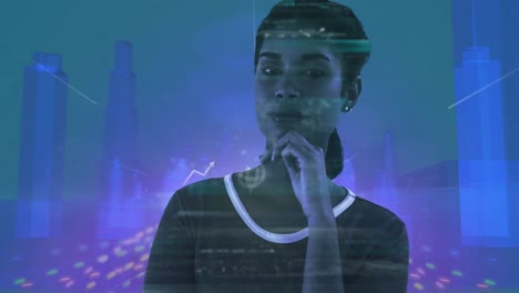 mujer sobre iconos digitales moviéndose contra el modelo de la ciudad 3d