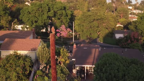 aerial parallax shot of the eagle sitting on the pole in the small town