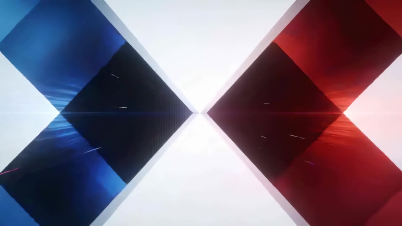 Pulsing blue-red diagonal diamond panels sending lens flare, sparks across white field, central gap