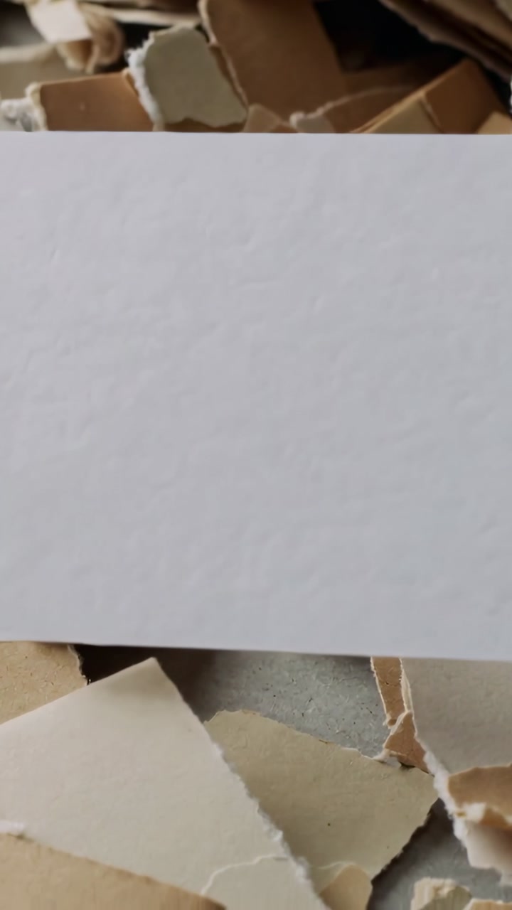 Vertical video: Sliding white card in from top left in studio, revealing torn cardboard layers