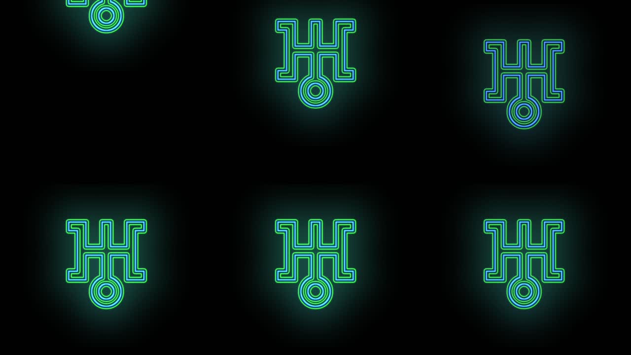 patrón de símbolos japoneses con luz verde neón pulsante 9