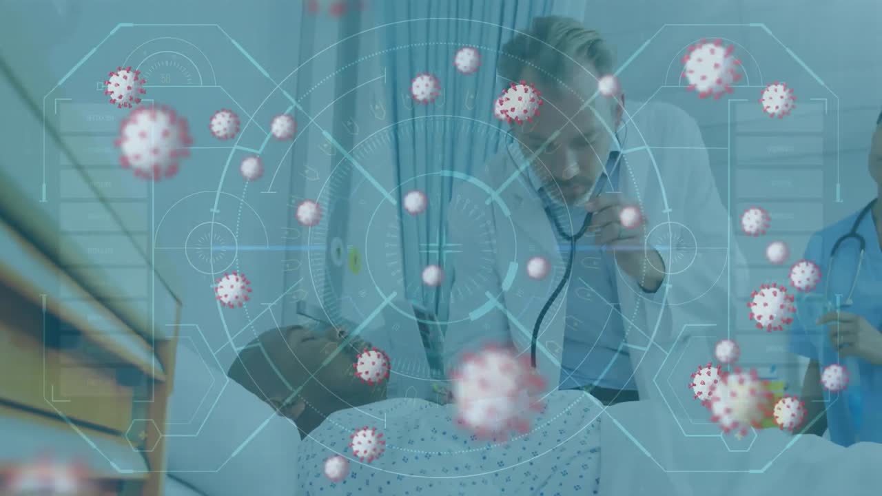 환자에게 산소 마스크를 착용하는 의사들 위에 떠다니는 거대한 코로나19 세포의 애니메이션