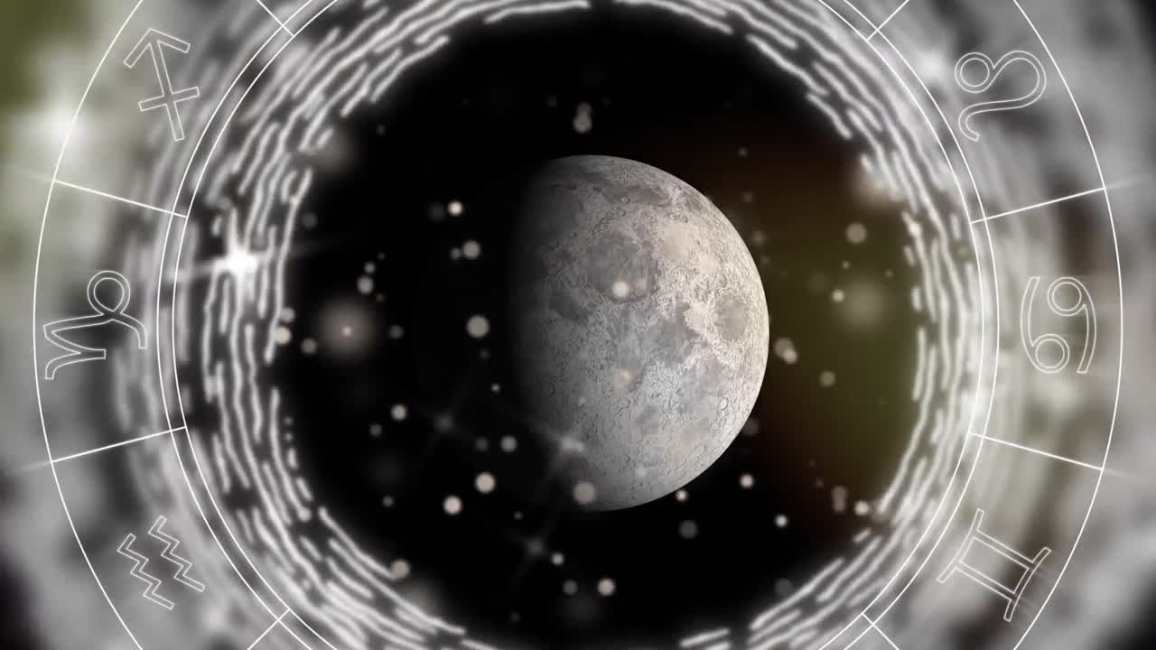 animación de una rueda de signo de estrella giratoria con un globo y manchas de luz parpadeantes sobre un fondo negro