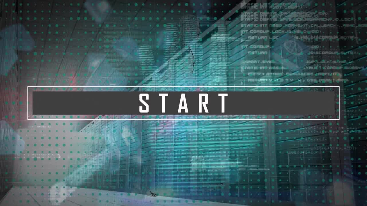 animación del texto de inicio a través de servidores informáticos y procesamiento de datos.