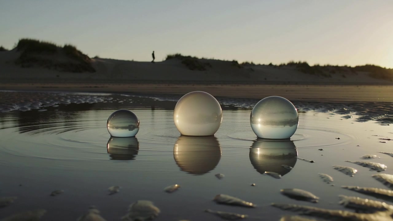 Pulling back camera revealing three glass spheres making ripples in tidal pool, walker nearing dune