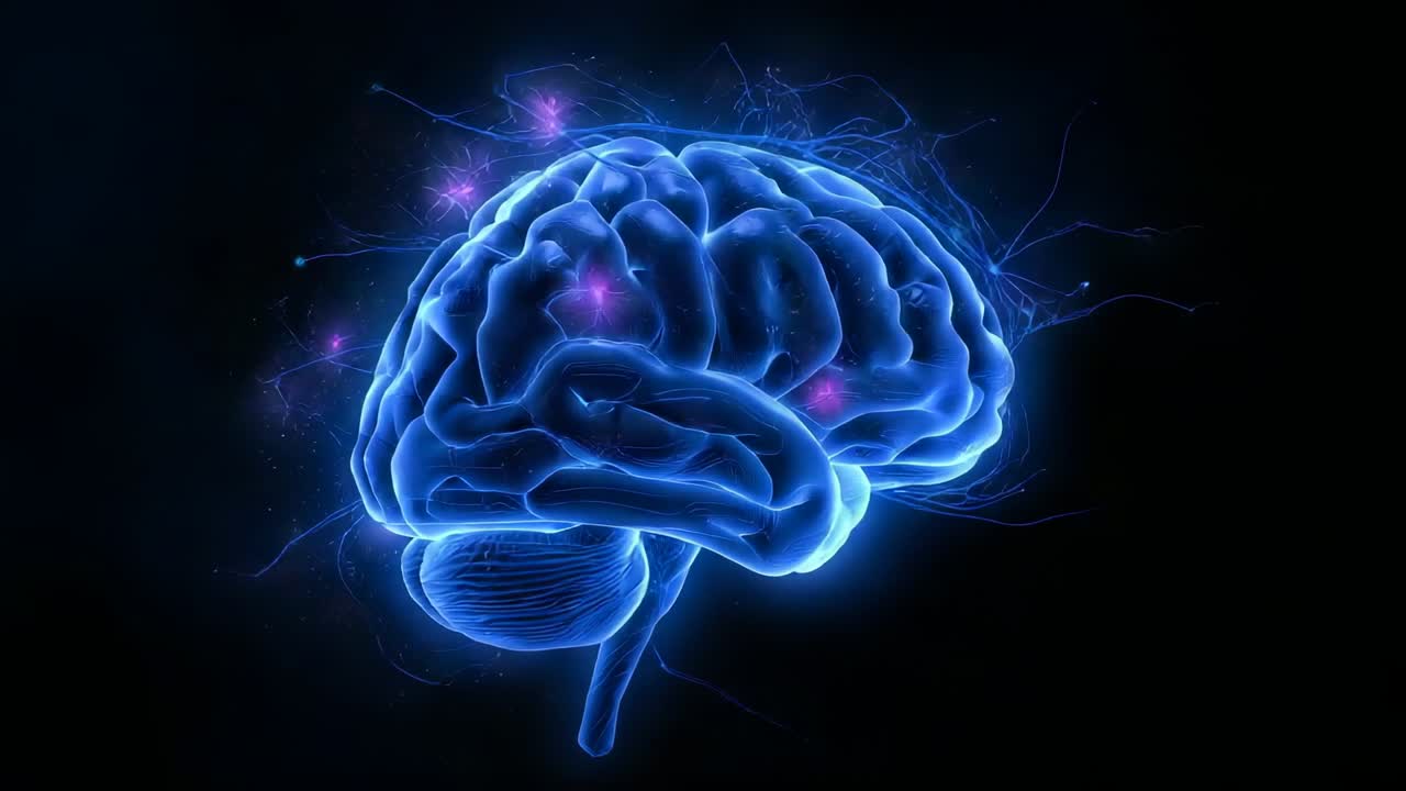 Appearing holographic 3D brain model rotating in dark void, with network lines and nodes flickering