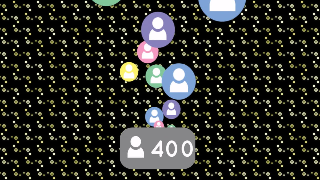 Animation of people icons and digital data processing over pattern on black background