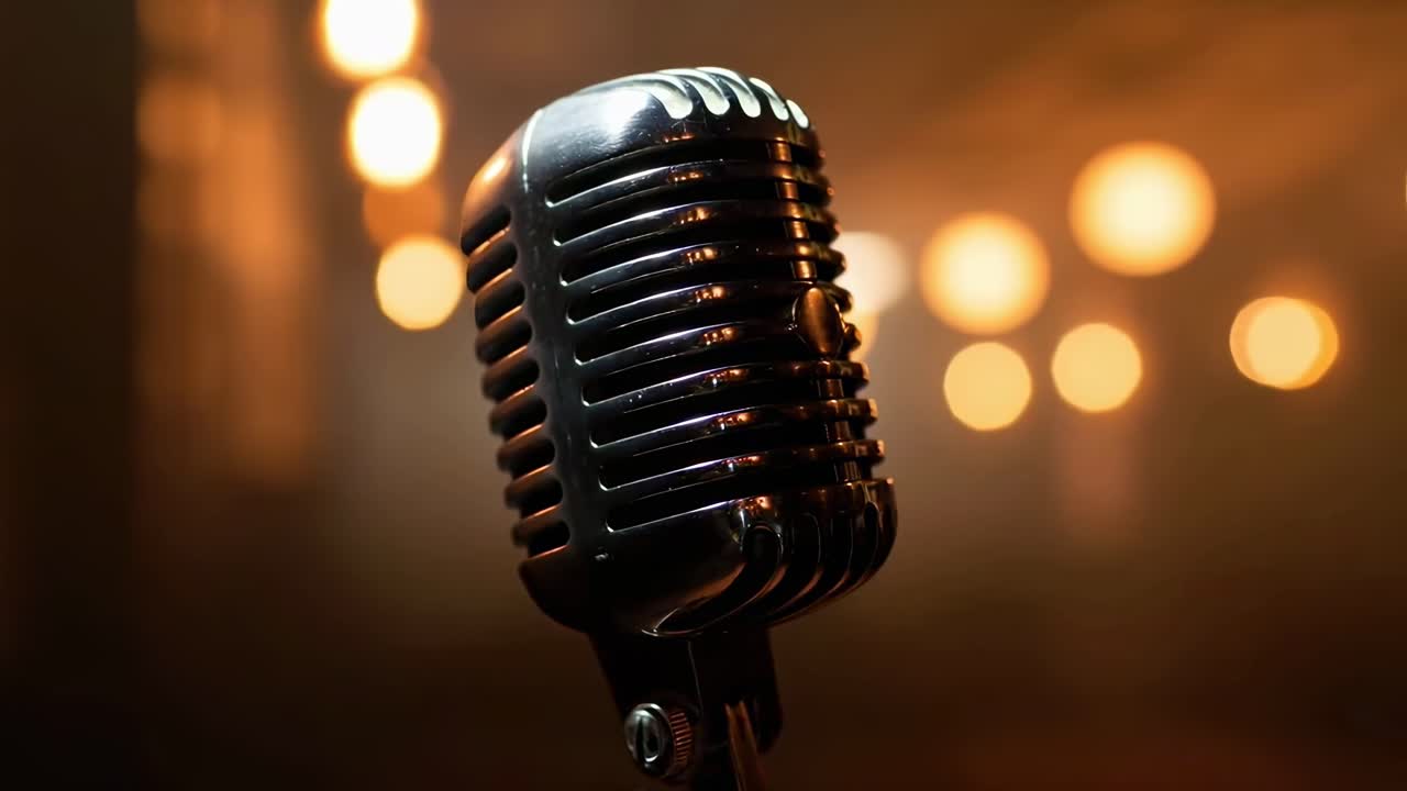 Close-up of vintage microphone with blurred lights, ideal for a retro music video