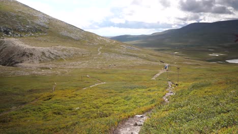 Panning-wide-shot-of-small-narrow-trekking-trail-in-Dromskåran-Valley,-showcasing-the-beautiful-green-meadow-scenery-in-Jämtland,-Sweden