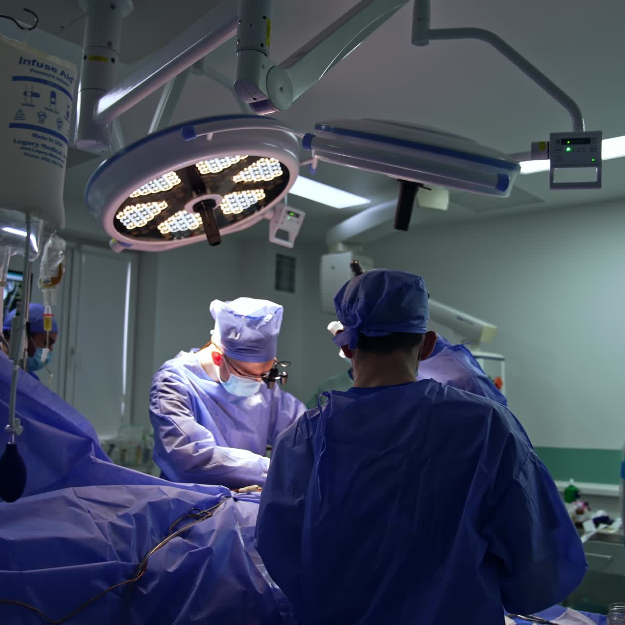 Innovatively equipped surgery room with a group of professional surgeons working in. Two neurosurgeons collaborate at operational table assisted by medical staff