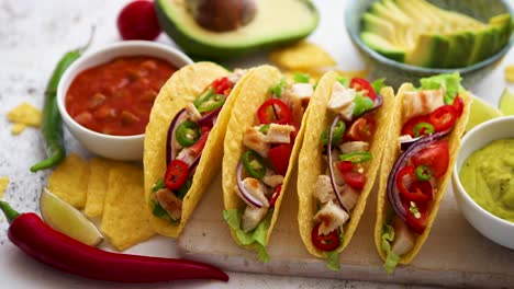 tasty mexican meat tacos served with various vegetables and salsa