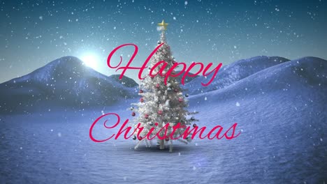 Animation-of-christmas-greetings-text-over-christmas-tree-in-winter-scenery