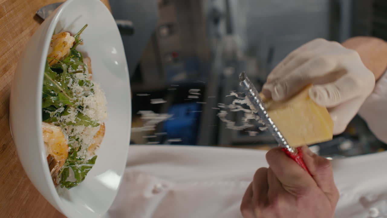 Chef grating Parmesan cheese over a fresh salad with shrimp