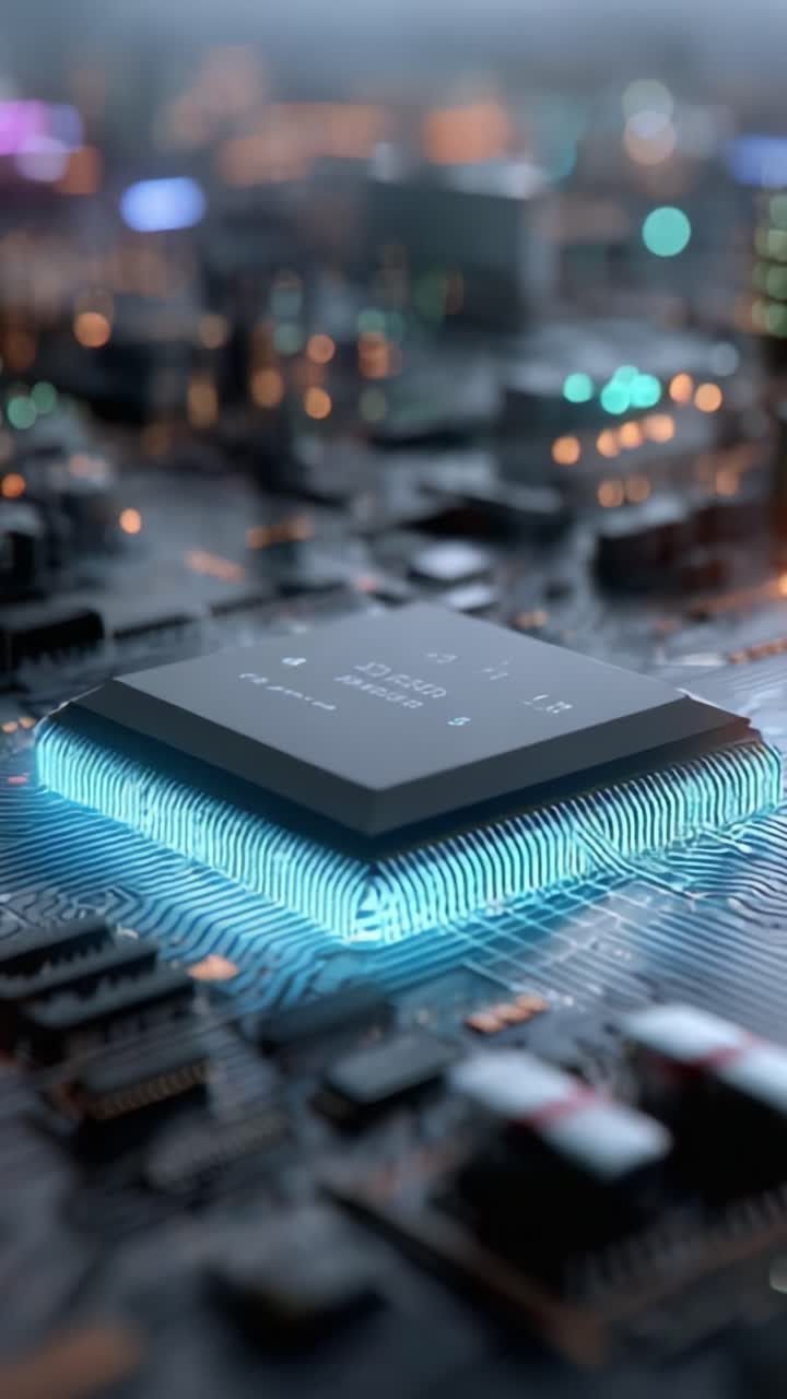 An Impressive Close-Up of a Cutting-Edge Microprocessor on a Circuit Board, Highlighting Advanced Technology and Design with Soft Glowing Lights in the Background
