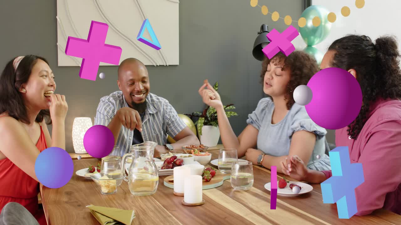 Man reaching for platter, friends tasting and chatting, food 3-D shapes floating across foreground