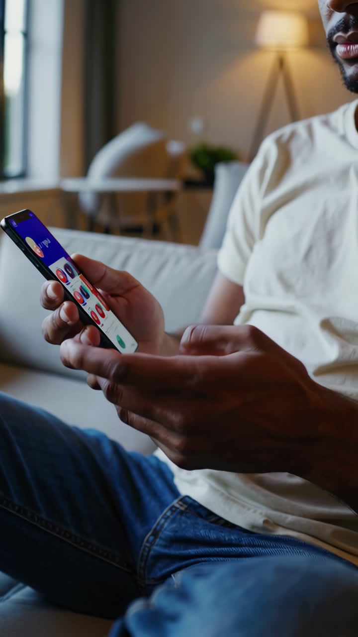 Person using a smartphone while relaxing on a couch in a living room