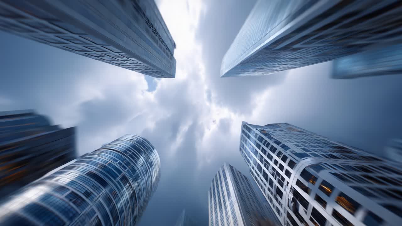 Skyline urbano drammatico: una prospettiva affascinante di grattacieli che si ergono verso il cielo blu nuvoloso in un'atmosfera enigmatica su un paesaggio urbano moderno
