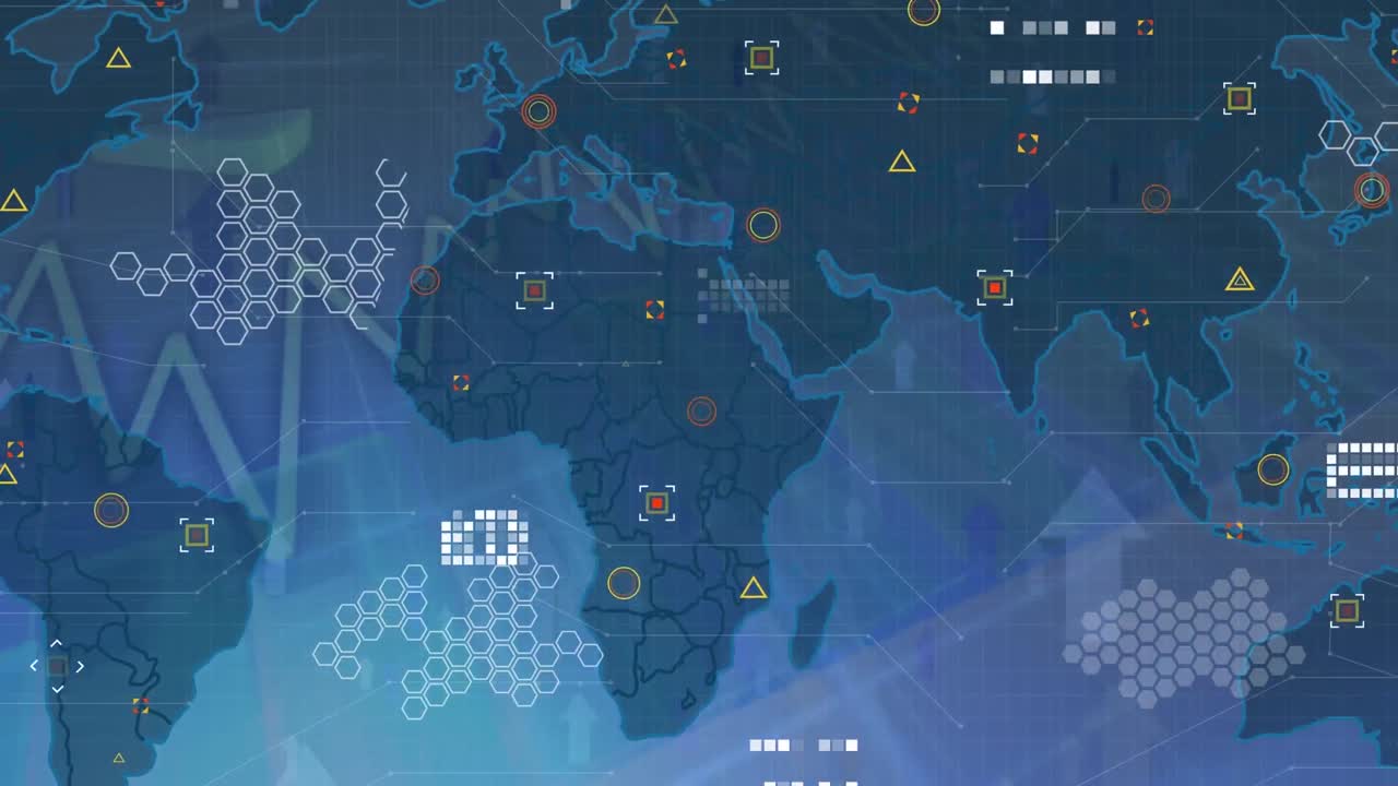 animación de flechas y procesamiento de datos financieros sobre fondo azul