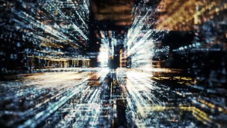 a dynamic visualization of data flow through a virtual cityscape illustrating the concept of high-speed connectivity and information transfer
