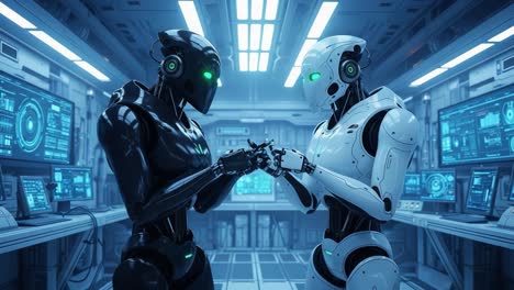 two intriguing robots engaging in a collaborative gesture inside a futuristic high-tech laboratory filled with advanced monitors and tools