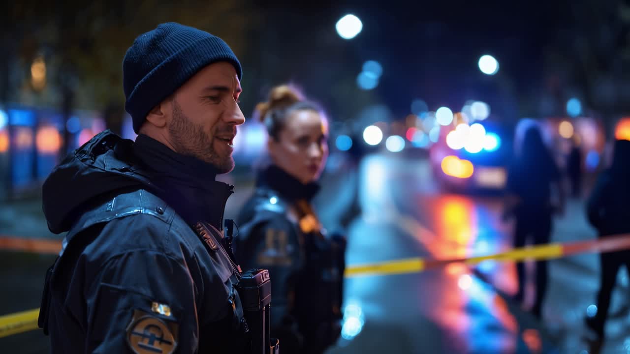 Rain-slicked street at night glows with blurred lights. Two officers stand tense, eyes fixed ahead. Yellow tape marks a crime scene's perimeter. Their expressions show focus, alertness