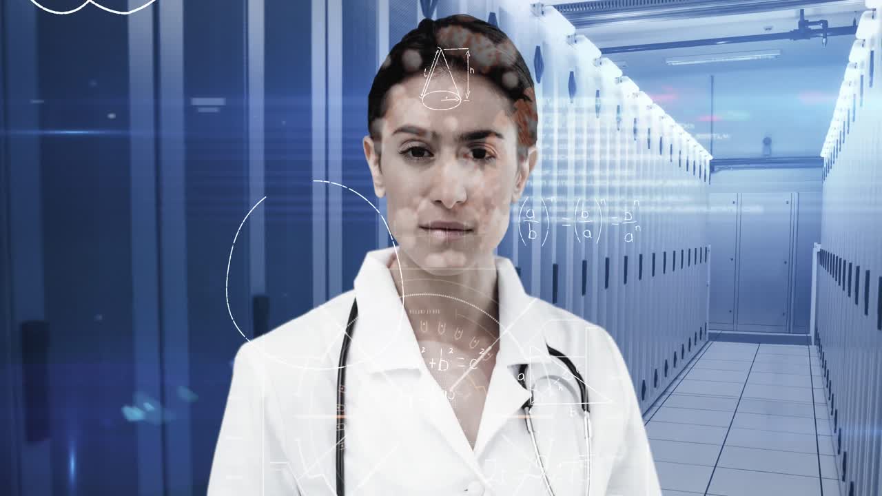 Equazioni matematiche su ritratto di donna in sala server